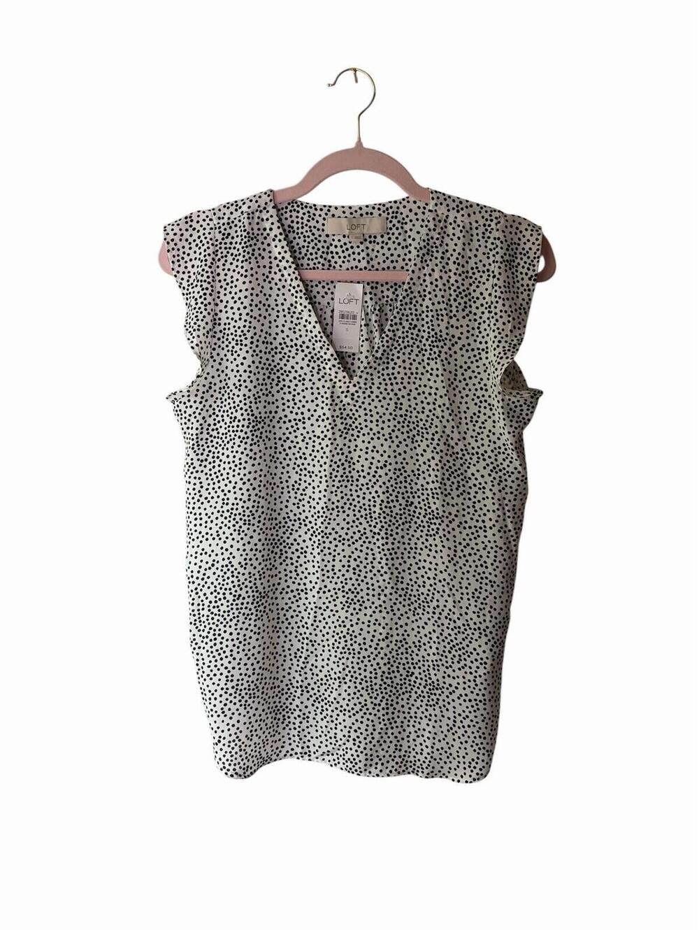 LOFT‎ Women's White/Black Polka Dot V-Neck Sleeveless Blouse Top Size S